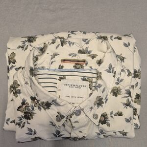 Denim & Flower Men's Floral Button Down - Cream and Blue L